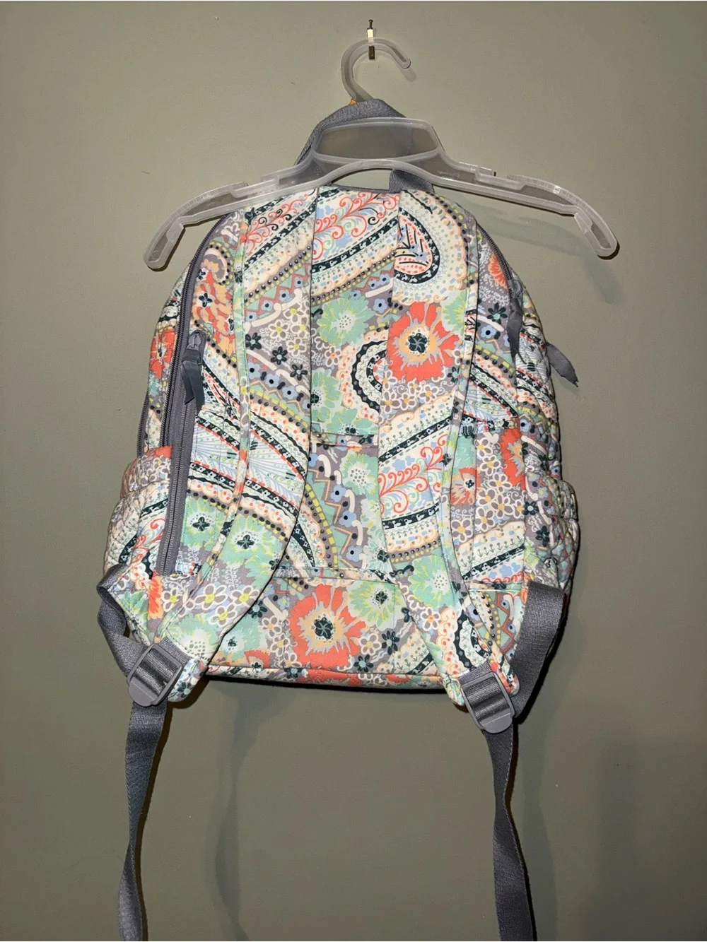 Vera Bradley Gray Quilted Paisley Backpack with Mint & Coral Accents